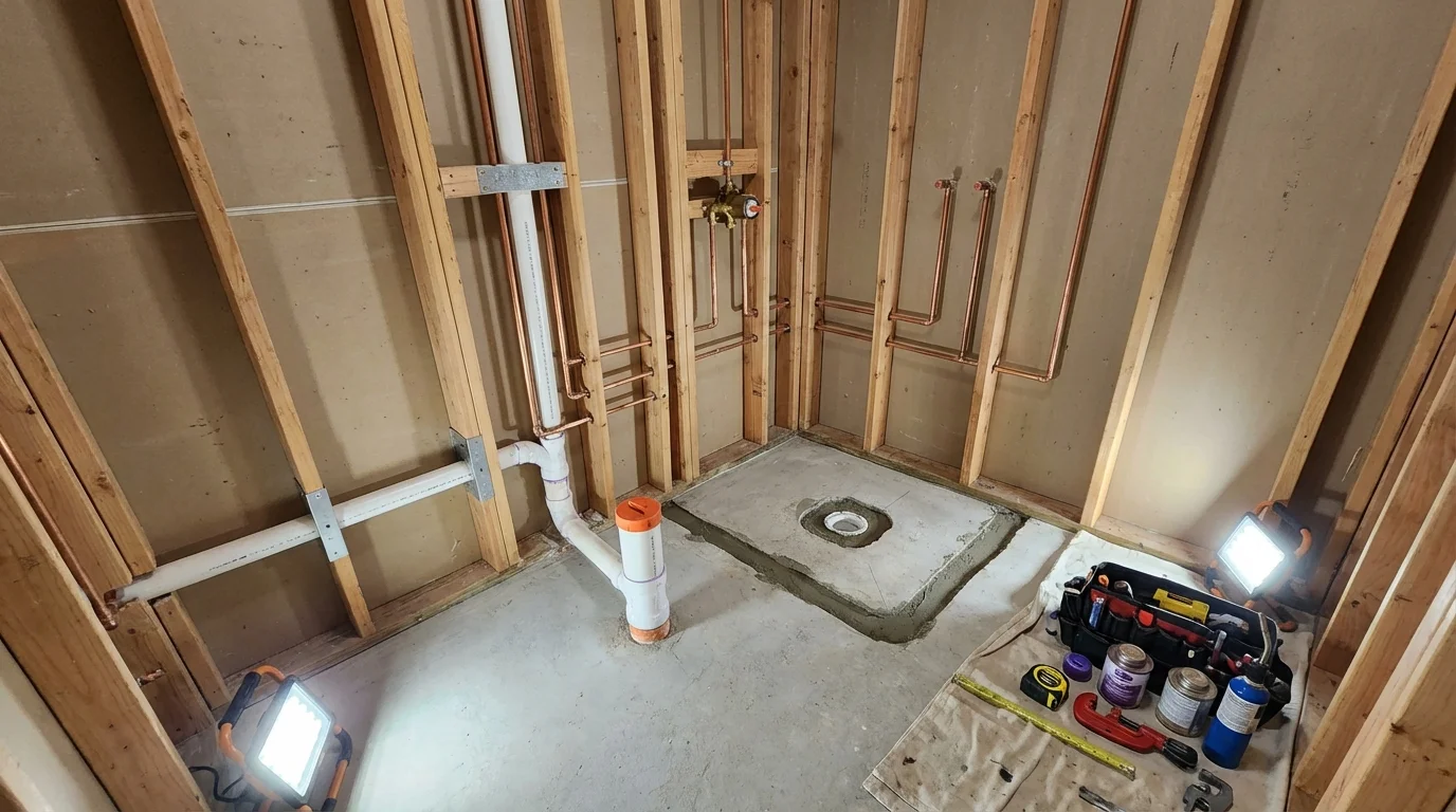 Bathroom rough-in plumbing during remodel by Johns Plumbing LLC in Columbus Grove