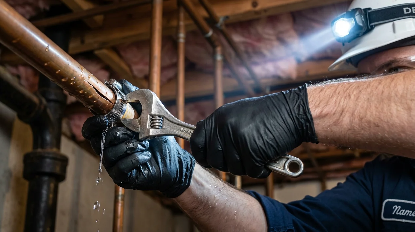 Emergency pipe clamp repair being performed by a Johns Plumbing LLC plumber in Columbus Grove