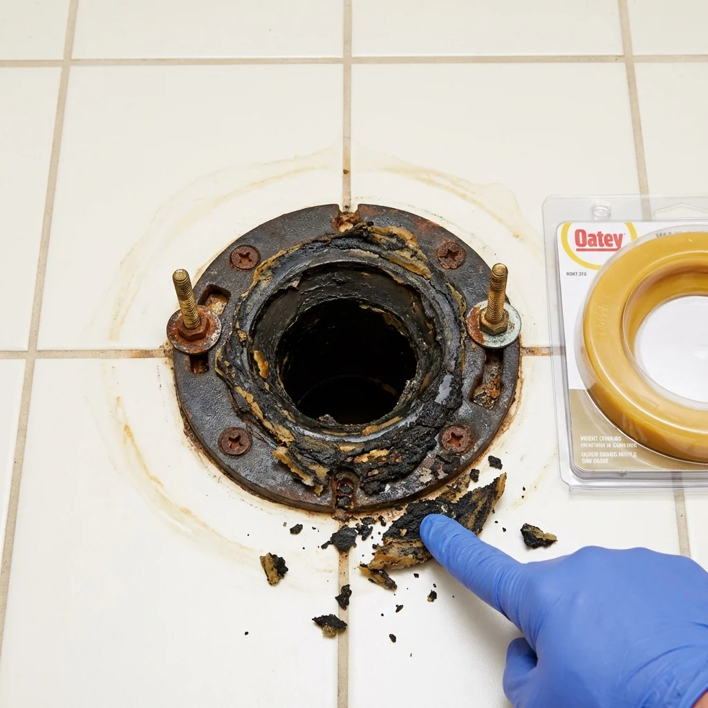 Failed wax ring showing water seepage at the base of a toilet in a Columbus Grove, OH home
