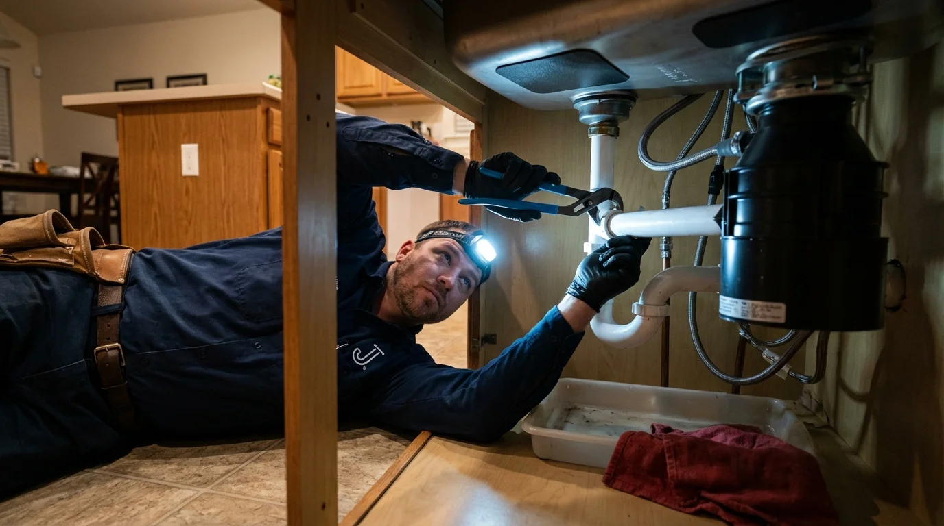P-trap and supply line connections under a kitchen sink showing a common leak point in Columbus Grove, OH